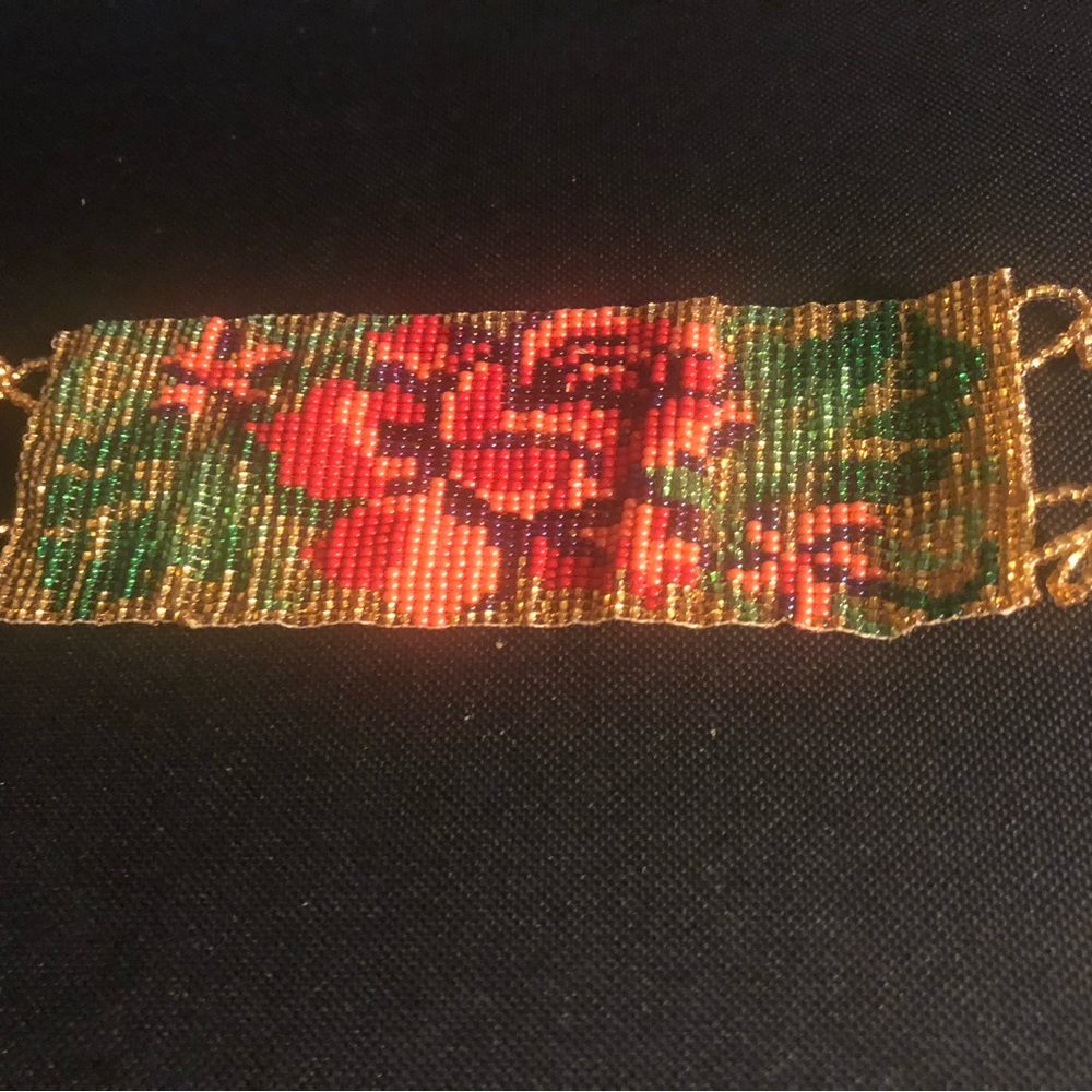 ❤️Handcrafted Red Floral Seed Bead Bracelet in Gold- $40 or $35 w/offer
